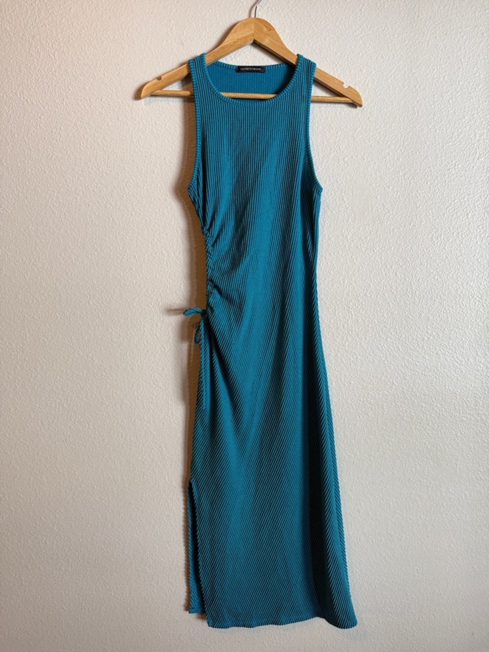 Teal Blue Ribbed Side Cutout Midi Dress XS/S Sleeveless Minimalist Y2K